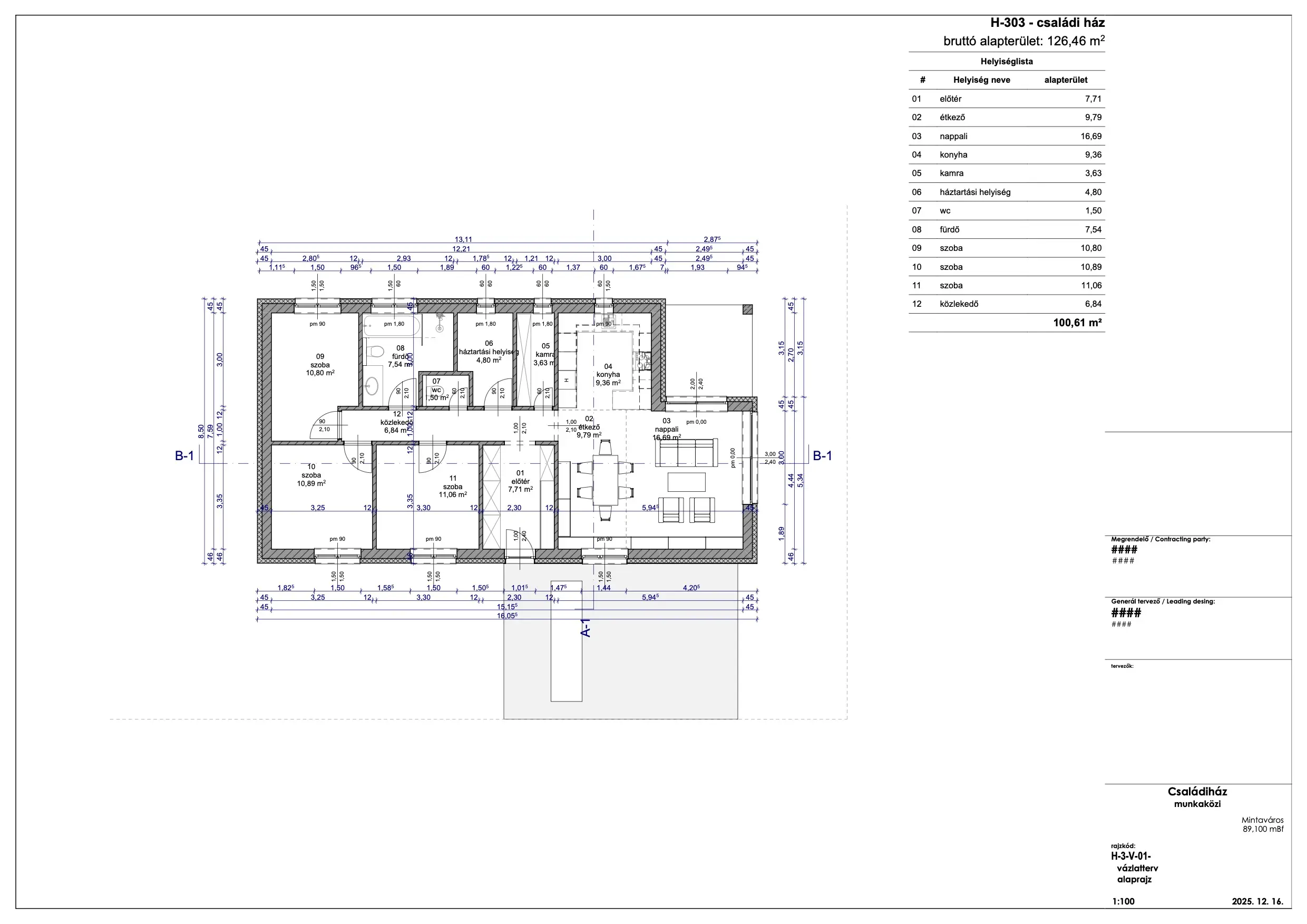 A 3A típusterv 100,61 m² nettó alapterületű, részletes földszinti alaprajza