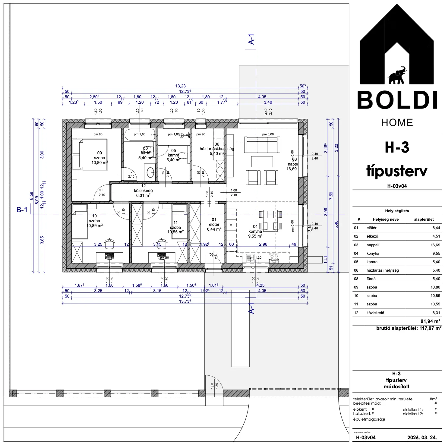 A 3C típusterv 91,94 m² nettó alapterületű, részletes és méretezett földszinti alaprajza